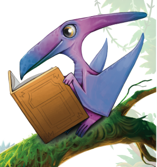 cartoon purplish blue pterodactyl sitting on a moss covered branch, surrounded by vines and reading a book.